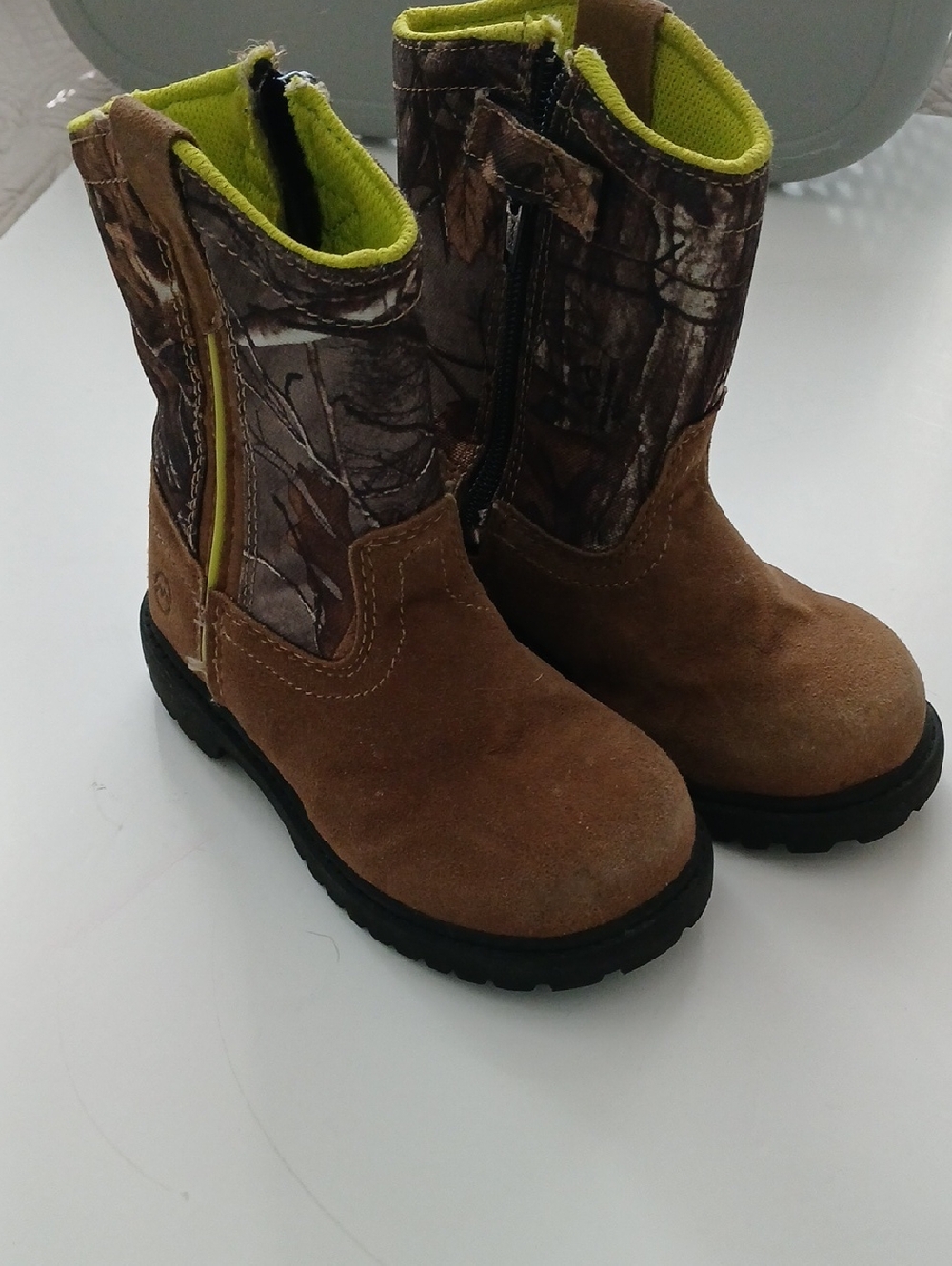 Magellan  Kids Brown Suede Camo Boots with Yellow Lining